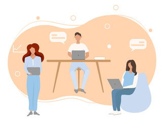 Casual teamwork - Diverse team of people working together with computers.Flat style modern vector illustration.