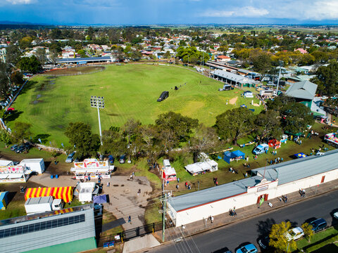 Aerial view of the showring at agricultural show fairground in country town of Singleton