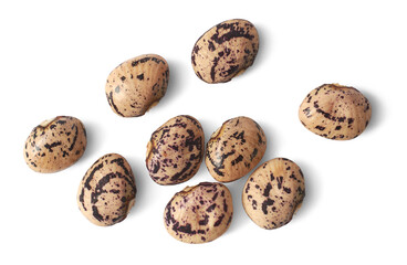 seeds from dried bean or pea pods, brown speckled beans seeds scattered, taken from above