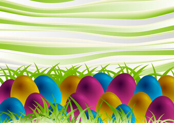 Colorful Easter eggs, green spring grass and curved waves abstract background. Vector design