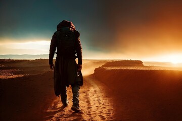 Illustration photo of  the back of a lonley man walking a sand path in the outback, desert, cinematic epic mood