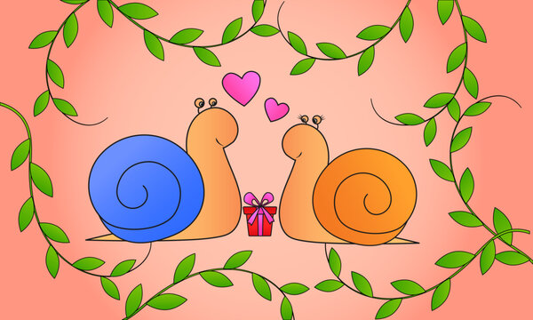 Background with Snails, valentine's day, romanse,  love, gift, Cartoon, Mollusk, Hand drawn, Vector illustration