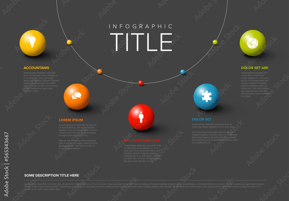 Poster multipurpose dark infographic template with five elements around big sphere