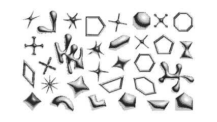 Set of creative pseudo 3d shapes. Halftone effect figures. Abstract geometric elements, triangle, star and circle forms