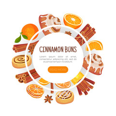 Cinnamon Orange Banner Design with Citrus Fruit, Spice Sticks and Bun Vector Template