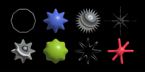 Set of abstract 3d figures of the sun. Volumetric forms of stars, flowers and snowflakes in the style of brutalism