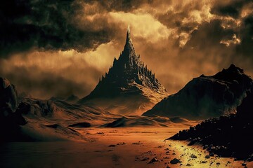 A dramatic view of Mordor in 1960s film style. In J. R. R. Tolkien's fictional world of Middle-earth, Mordor is the kingdom and base of the evil Sauron. - obrazy, fototapety, plakaty