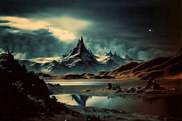 A dramatic view of Mordor in 1960s film style. In J. R. R. Tolkien's fictional world of Middle-earth, Mordor is the kingdom and base of the evil Sauron. - obrazy, fototapety, plakaty