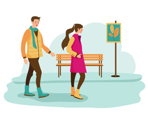 Couple walking in winter park.  Landscape with nature and plants, bushes branches . Pair walking outside vector.