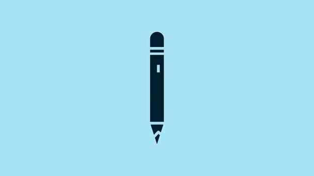 Blue Pencil with eraser icon isolated on blue background. Drawing and educational tools. School office symbol. 4K Video motion graphic animation