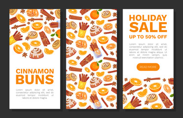 Naklejka premium Cinnamon Orange Banner Design with Citrus Fruit, Spice Sticks and Bun Vector Template