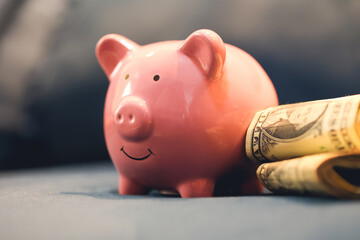 Um cofrinho com notas de Dólares dos Estados Unidos sobre um sofá azul. Economia e investimentos. - obrazy, fototapety, plakaty