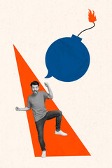 3d retro creative artwork template collage of aggressive guy bomb mind cloud ready burst empty...