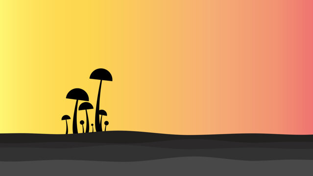 Abstract Illustration Of A Group Of Fungi In Their Habitat Forming A One-third Composition Silhouette 