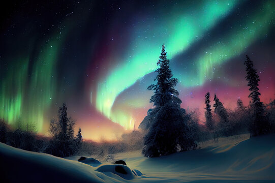 Winter day with colorful Northern lights. Generative AI.