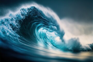 Huge blue ocean wave on stormy weather. Digital art