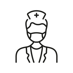 Dental Doctor in Face Mask Linear Pictogram. Physician Specialist, Orthodontist, Endodontist Outline Symbol. Dentist Man Line Icon. Dental Surgeon Sign. Editable Stroke. Isolated Vector Illustration