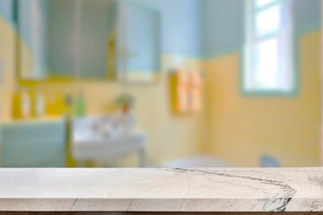 Empty marble top table with blurred bathroom interior Background. for product display.
