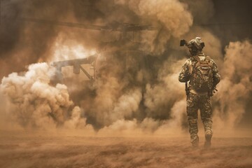 Military soldier between storm and dust at desert	