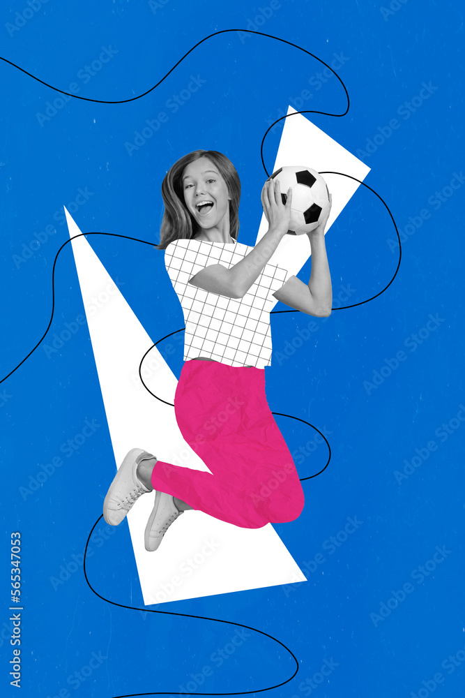 Sticker Vertical collage image of excited positive black white colors girl jumping arms hold football isolated on blue drawing background