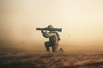 soldier aiming launcher between dust