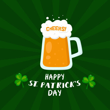 Vector greeting card with beer . Printable greeting card illustration. Design for St. Patrick's Day.