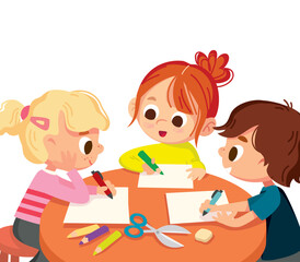 Kids learn how to draw. Little children, babies drawing pictures with pencils and markers on blank sheets sitting around the table. Drawing kid activity in art class.Creative Arts and Crafts Classes.