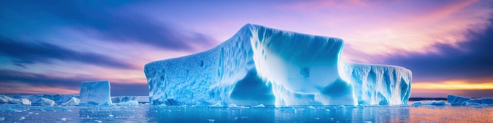 Illustration photo of big iceberg in polar region seaside in front of beautiful sky, ultrawide - obrazy, fototapety, plakaty