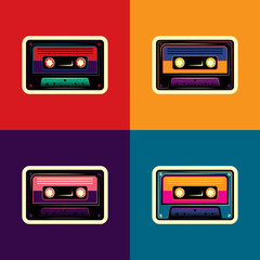 Original vector illustration in vintage style. Retro audio cassettes in different colors. T-shirt design. A design element.