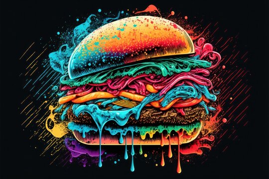 Hamburger im Neon / Graffiti Stil vor einem schwarzen Hintergrund  (Generative AI)