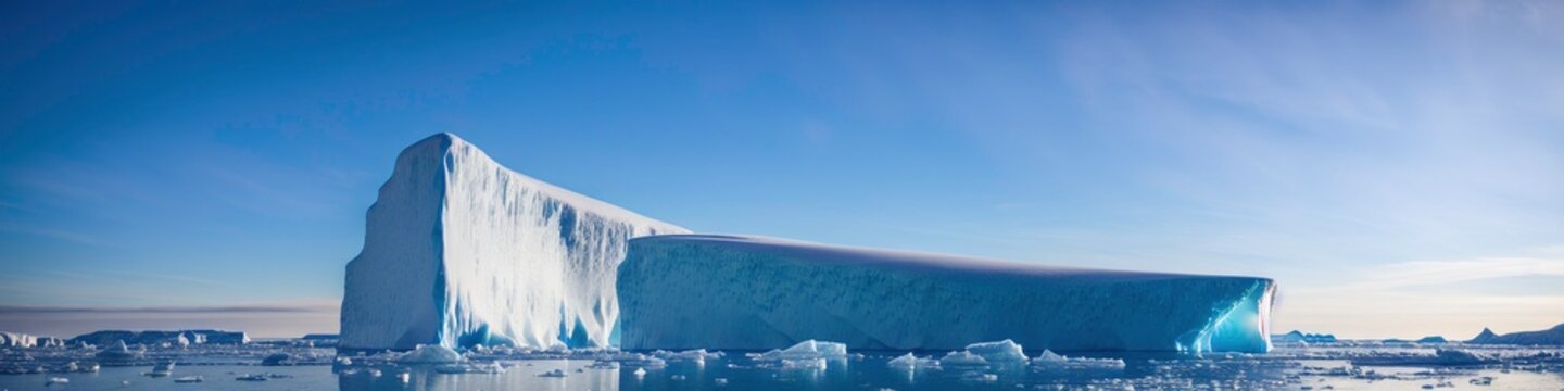 Illustration photo of big iceberg in polar region seaside in front of beautiful sky, ultrawide