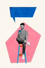 Creative magazine collage image of happy smiling guy chatting twitter telegram facebook empty space...