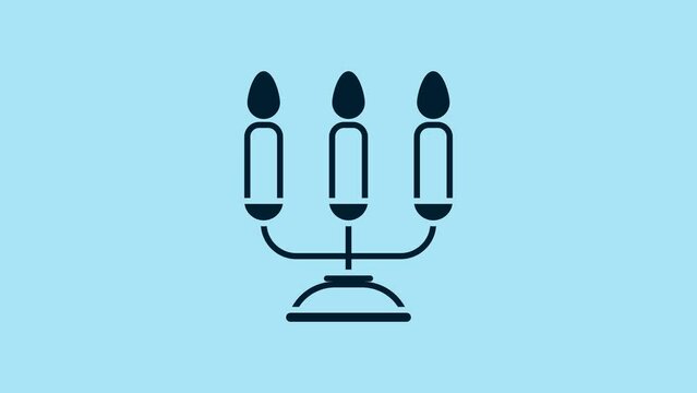 Blue Candelabrum with three candlesticks icon isolated on blue background. 4K Video motion graphic animation