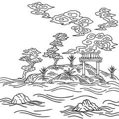 Design Asian Landscape Painting Outline