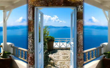 Beautiful sea view from the balcony. Oia town, Santorini island, Greece.