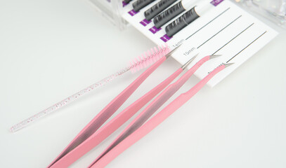 beauty salon equipment for eyelash extensions ,tools or lash technician white and pink colors