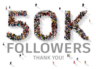 Crowd of people gathered together in the shape of "50 K followers" text, fans on social media concept, isolated on white background