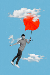 Collage artwork graphics picture of excited smiling guy flying mind cloud empty space isolated...