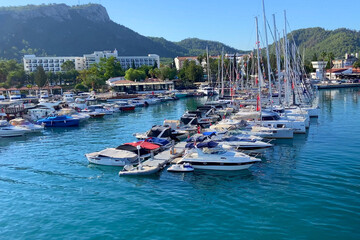 Fototapeta na wymiar Turkey, Antalya, Many luxury yachts in harbor, Yachts and Boats in marina