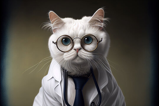 Portrait of a cat in a doctor medical uniform, generative ai