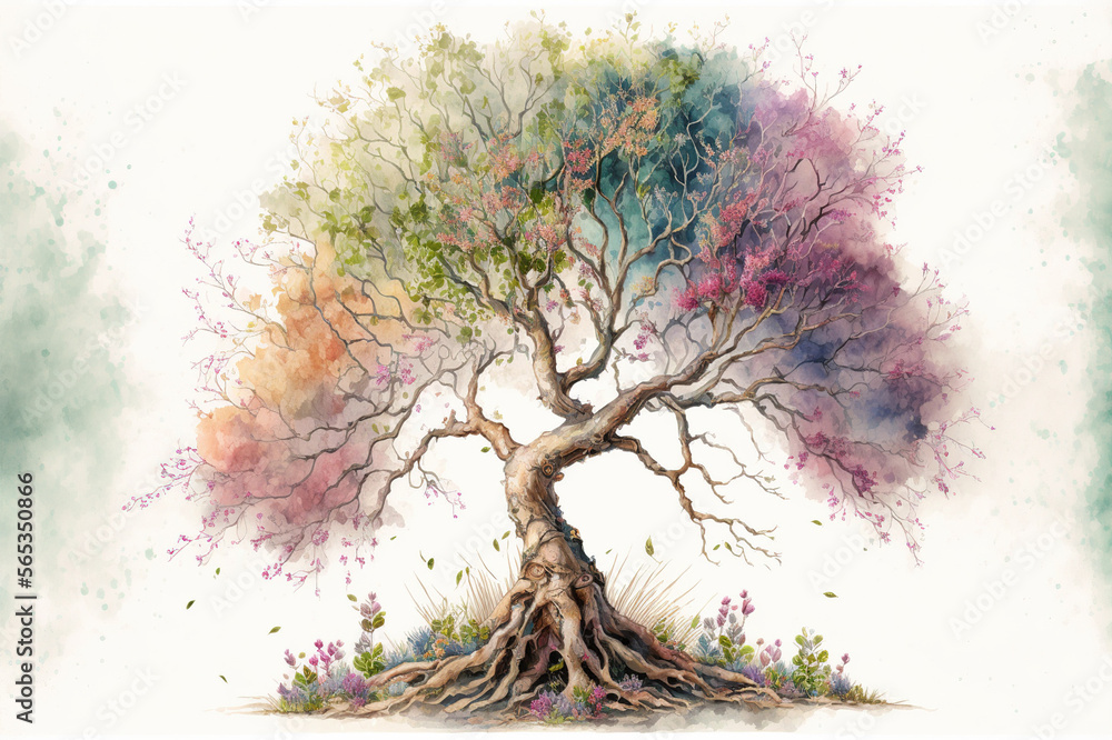 Poster the tree of life in colorful spring watercolor painting style . sublime generative ai image .