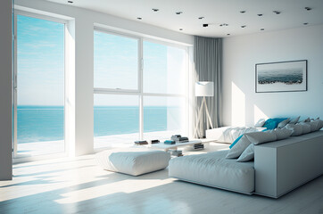 Fototapeta na wymiar clean and minimalist interior design of an apartment with sea views, generative ai