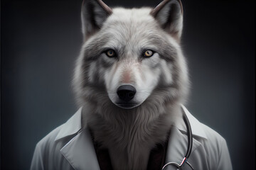 Portrait of a wolf in a doctor medical uniform, generative ai