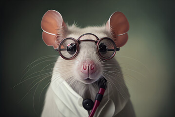 Naklejka premium Portrait of a mouse in a doctor medical uniform, generative ai