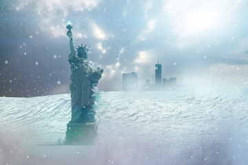 the frozen Statue of Liberty in ice in New York as a symbol of global warming and the problem of climate change, 3d render © de Art