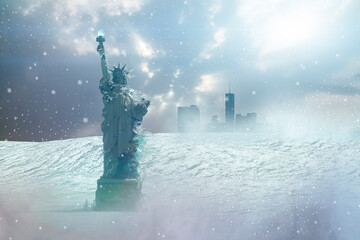 the frozen Statue of Liberty in ice in New York as a symbol of global warming and the problem of...
