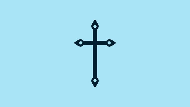 Blue Christian cross icon isolated on blue background. Church cross. 4K Video motion graphic animation