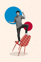 Vertical collage image of delighted overjoyed guy black white colors stand painted chair isolated...