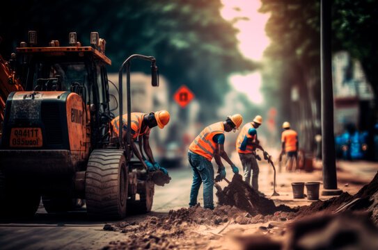 Workers With Reflective Vests Carrying Out Public Road Maintenance Works With Heavy Machinery