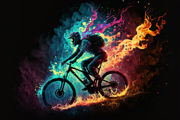 A cyclist riding an MTB  burning on fire of different colors. Generative ai. 